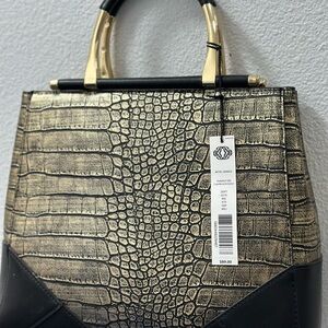 Kate Landry Croc-Embossed Satchel in Gold and Black